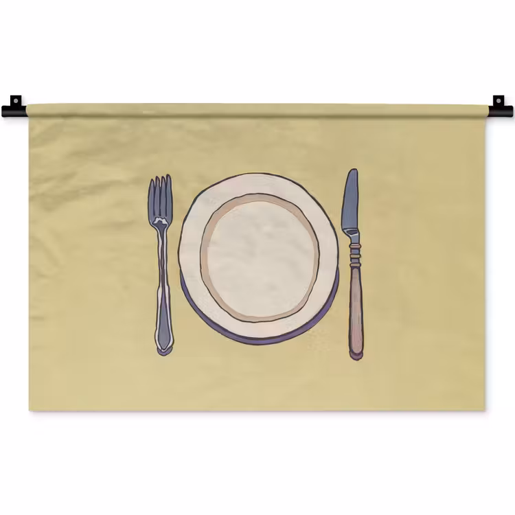 Illustratie - Bord - Bestek - Beige Wandkleed katoen klein -zz3d