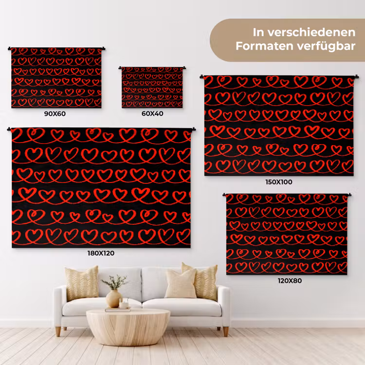 Verweven - Harten - Zwart - Rood Wandkleed katoen klein 269 -tsfeer8_DE