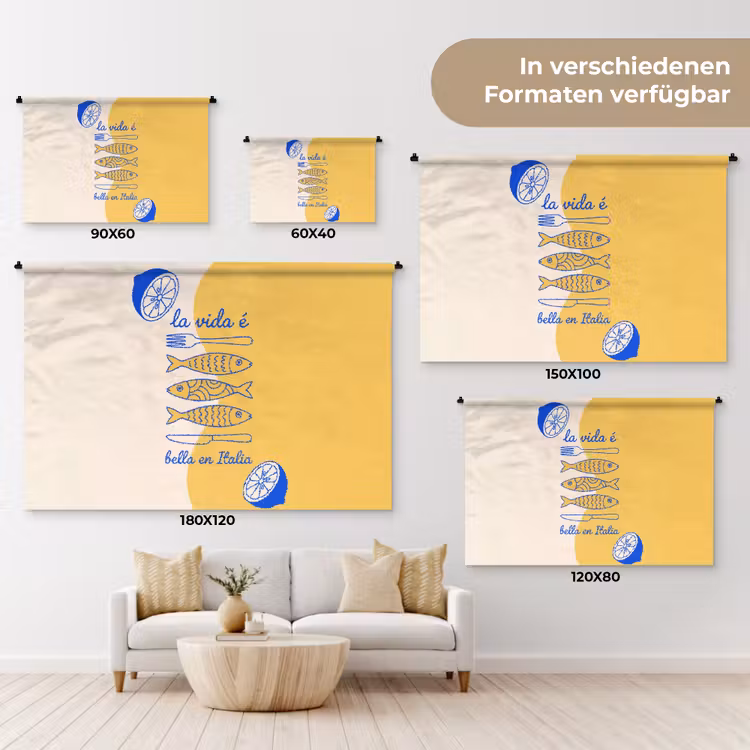 Italië - Eten - Citroen - Vis - Grafisch Wandkleed katoen klein -tsfeer8_DE