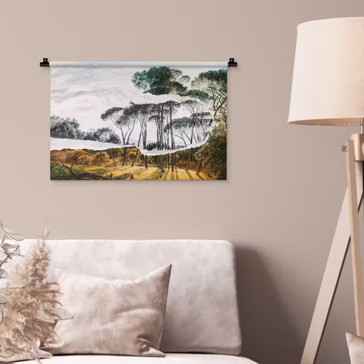 Italiaans landschap parasoldennen - Kunst - Hendrik Voogd - Schilderij - Zwart wit - Oude meesters Wandkleed katoen klein -sfeer4