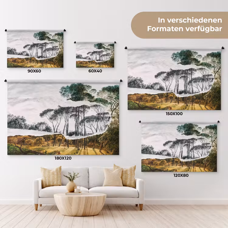 Italiaans landschap parasoldennen - Kunst - Hendrik Voogd - Schilderij - Zwart wit - Oude meesters Wandkleed katoen klein -tsfeer8_DE
