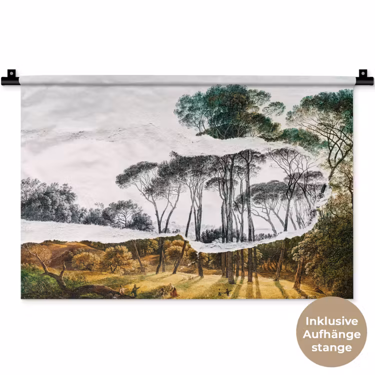 Italiaans landschap parasoldennen - Kunst - Hendrik Voogd - Schilderij - Zwart wit - Oude meesters Wandkleed katoen klein -t3d_DE