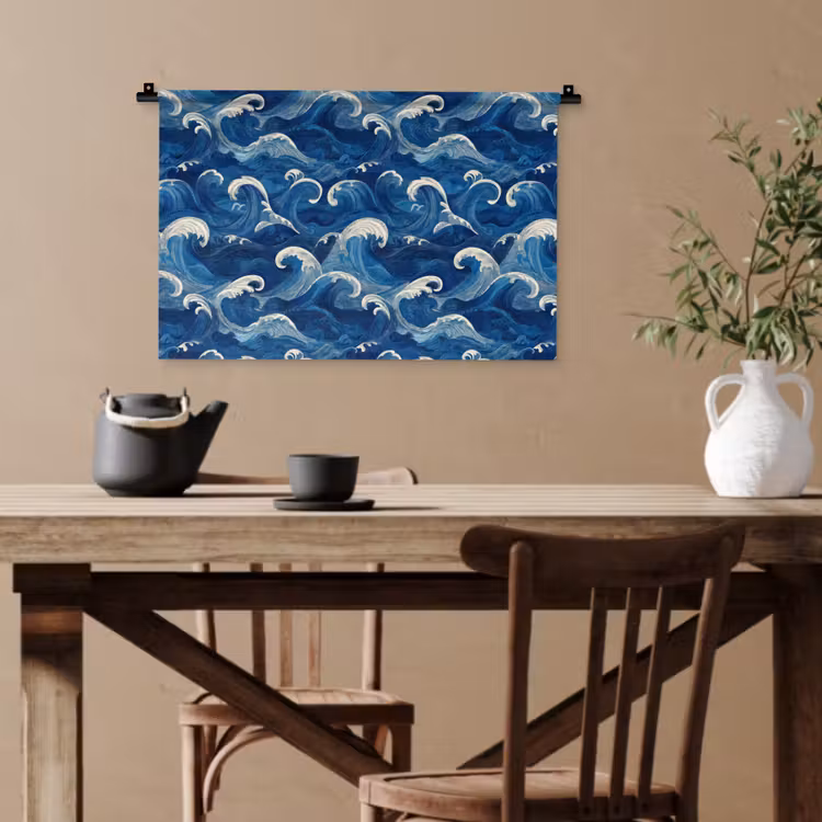 Japans - Oceaan - Golven - Blauw Wandkleed katoen klein 269 -sfeer6