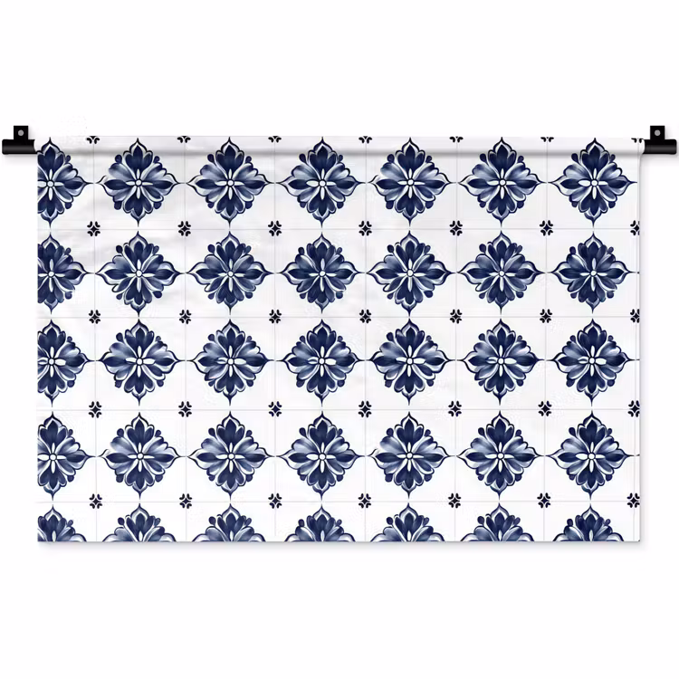 Tegelmotief - Blauw - Wit - Bloem Wandkleed katoen klein 269 -zz3d