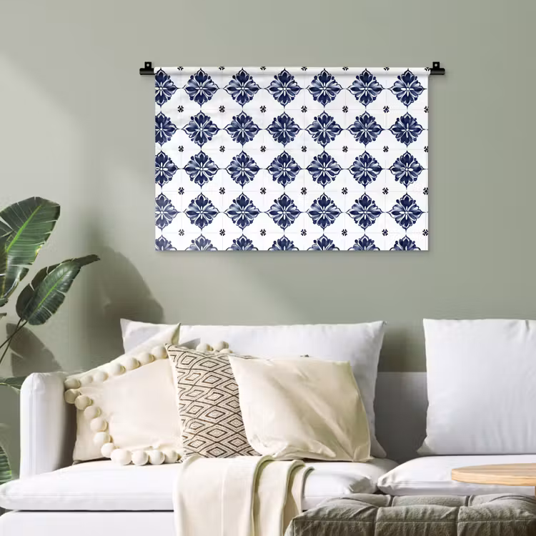 Tegelmotief - Blauw - Wit - Bloem Wandkleed katoen klein 269 -sfeer7