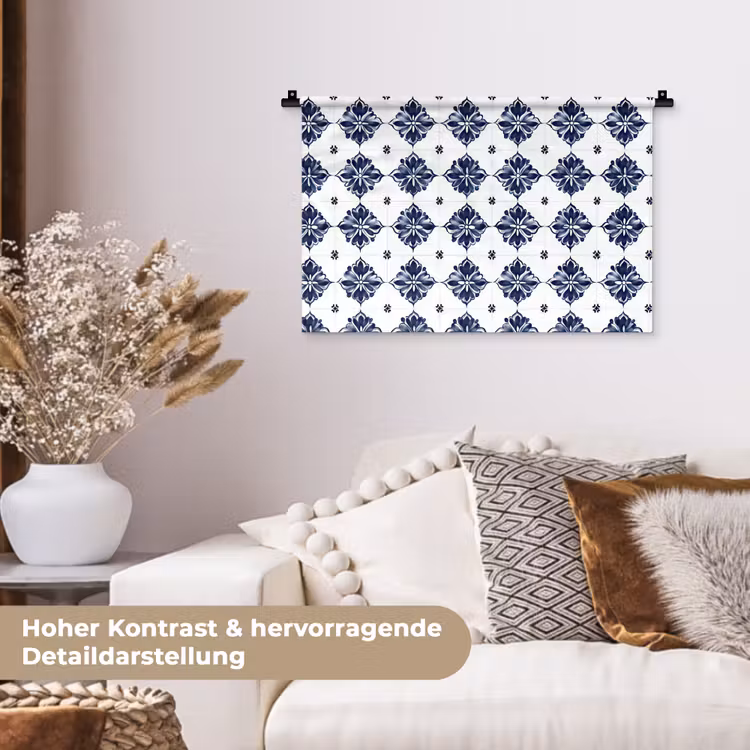 Tegelmotief - Blauw - Wit - Bloem Wandkleed katoen klein 269 -tsfeer1_DE