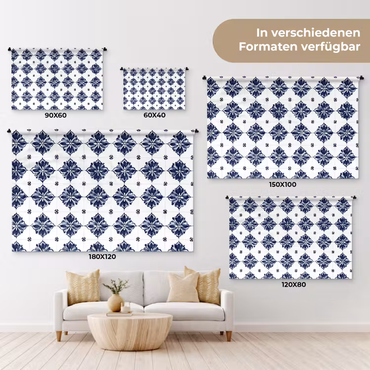 Tegelmotief - Blauw - Wit - Bloem Wandkleed katoen klein 269 -tsfeer8_DE