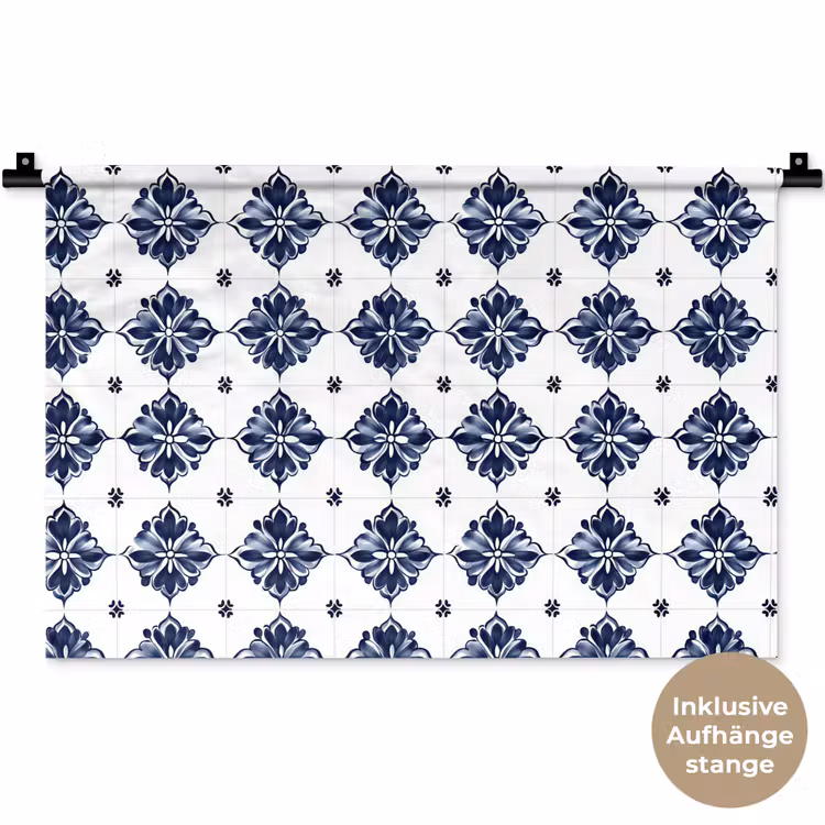Tegelmotief - Blauw - Wit - Bloem Wandkleed katoen klein 269 -t3d_DE