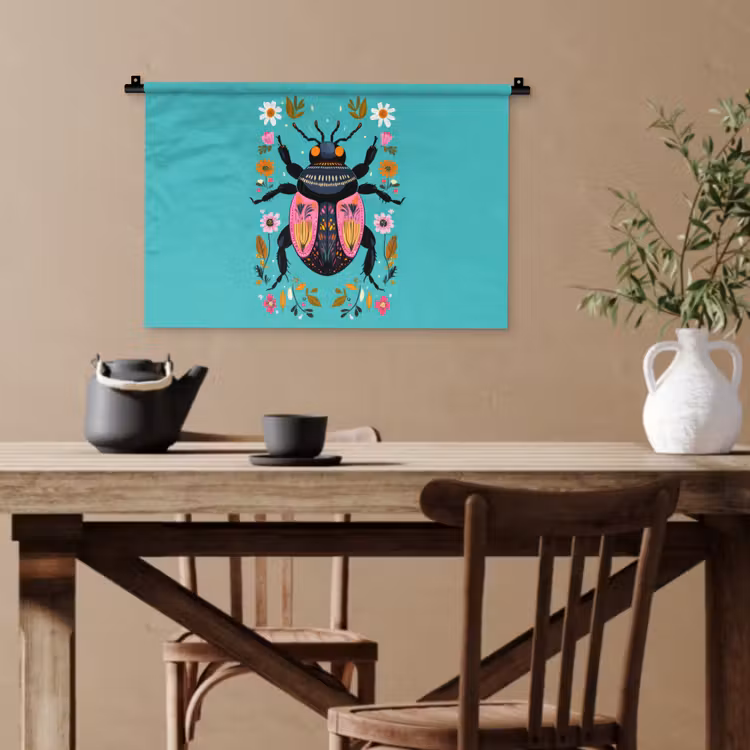 Kever - Bloemmotieven - Turquoise - Bladeren Wandkleed katoen klein -sfeer6