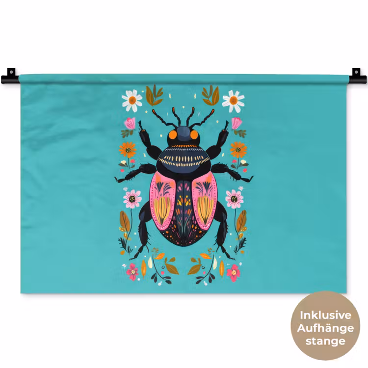 Kever - Bloemmotieven - Turquoise - Bladeren Wandkleed katoen klein -t3d_DE