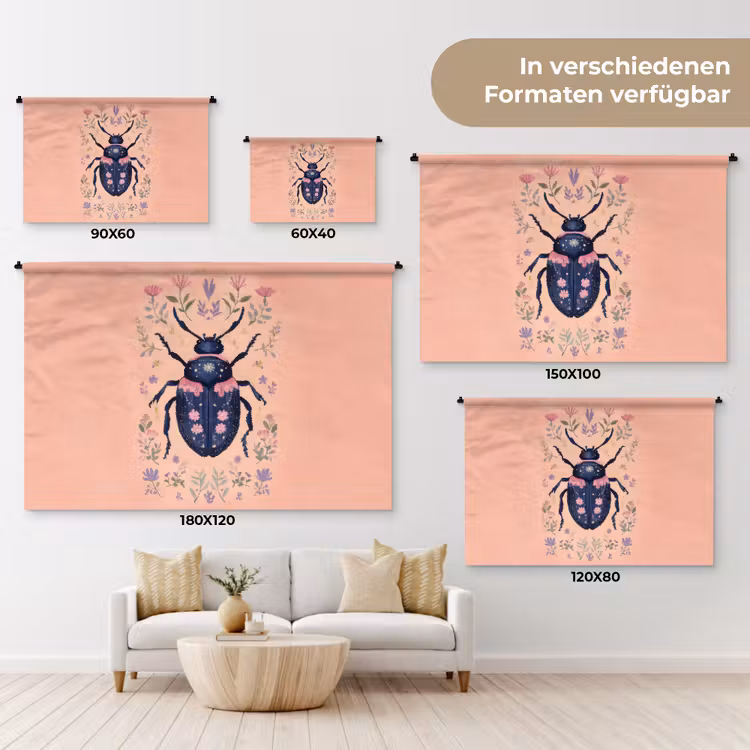 Kever - Donkerblauw - Bloemen - Sierlijk Wandkleed katoen klein -tsfeer8_DE