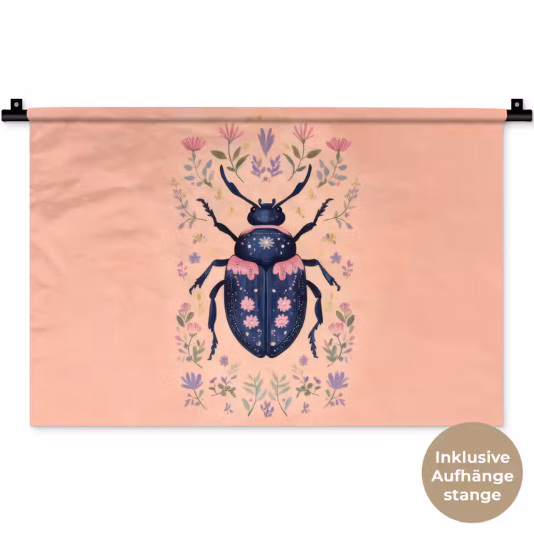 Kever - Donkerblauw - Bloemen - Sierlijk Wandkleed katoen klein -t3d_DE
