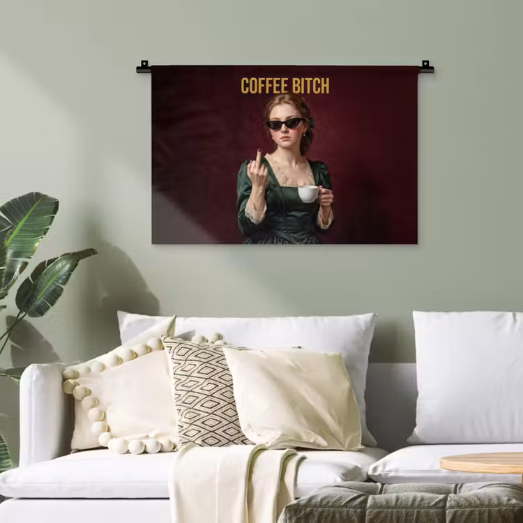Koffie - Vrouw - Middelvinger Wandkleed katoen klein -sfeer7