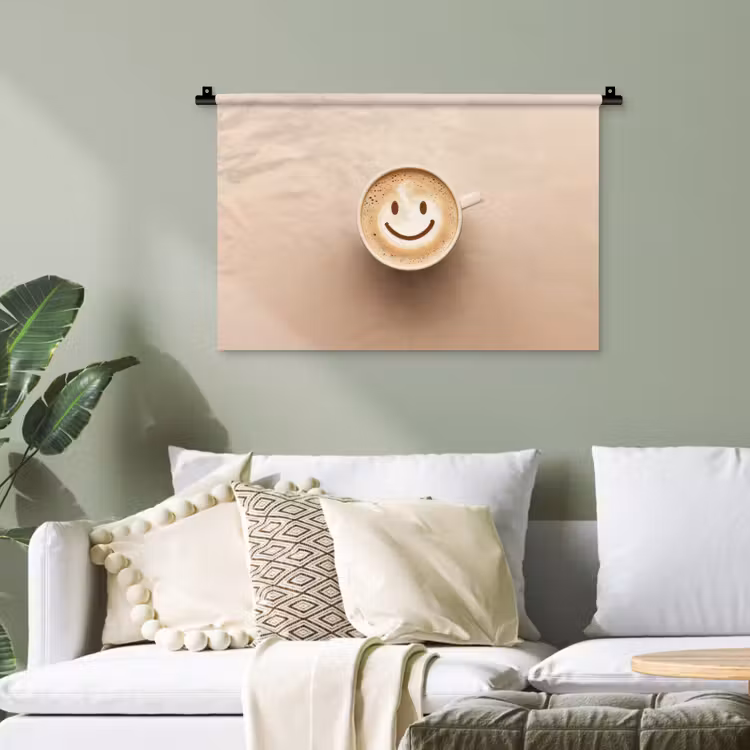 Koffie - Melkschuim - Lach - Beige Wandkleed katoen klein -sfeer7