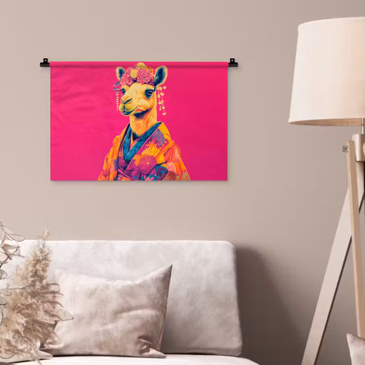 Kameel - Bloemen - Kimono - Waaiers Wandkleed katoen klein -sfeer4