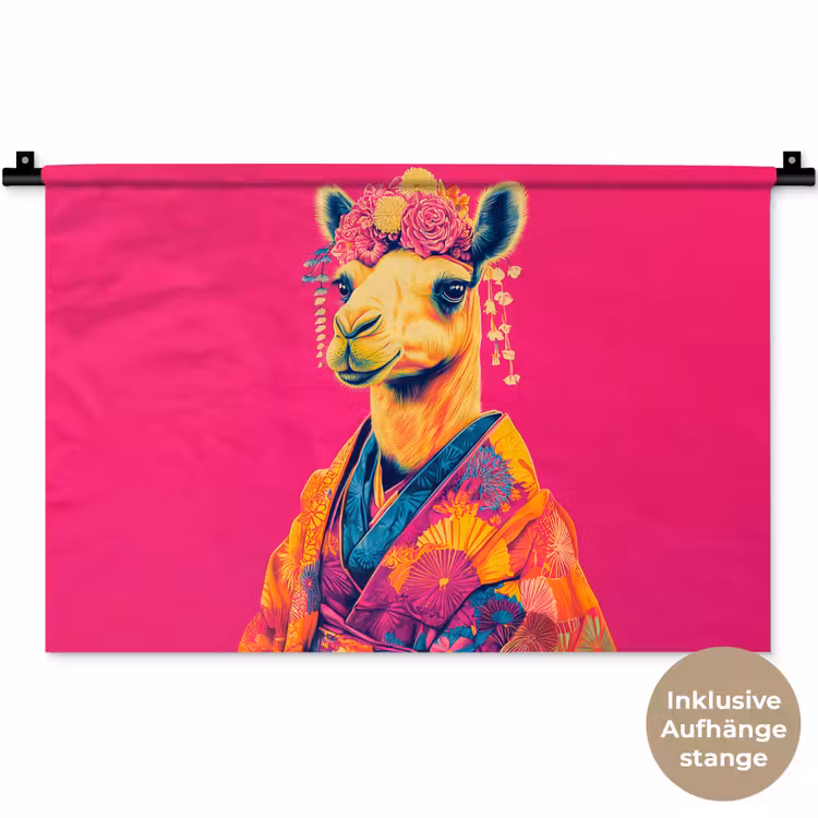 Kameel - Bloemen - Kimono - Waaiers Wandkleed katoen klein -t3d_DE