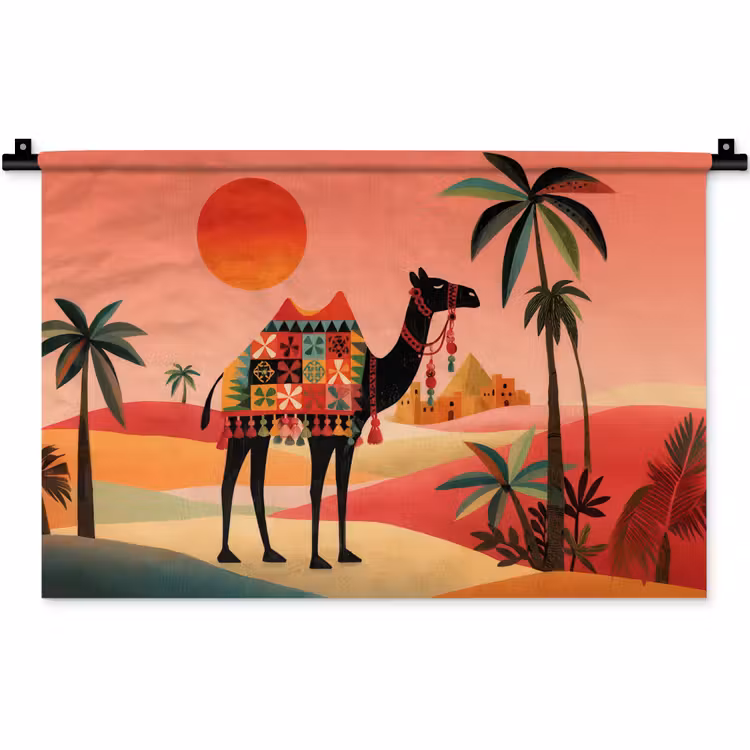 Kameel - Gekleurd tapijt - Duinen - Rode zon Wandkleed katoen klein -zz3d