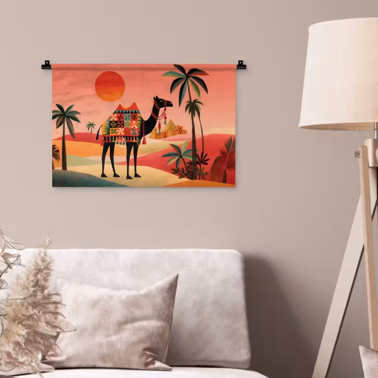 Kameel - Gekleurd tapijt - Duinen - Rode zon Wandkleed katoen klein -sfeer4