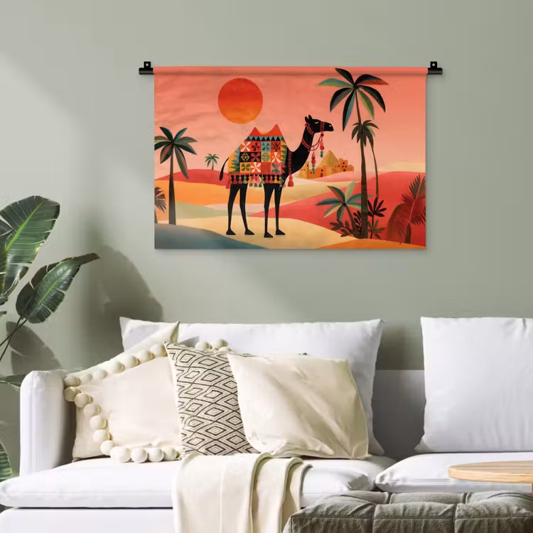 Kameel - Gekleurd tapijt - Duinen - Rode zon Wandkleed katoen klein -sfeer7