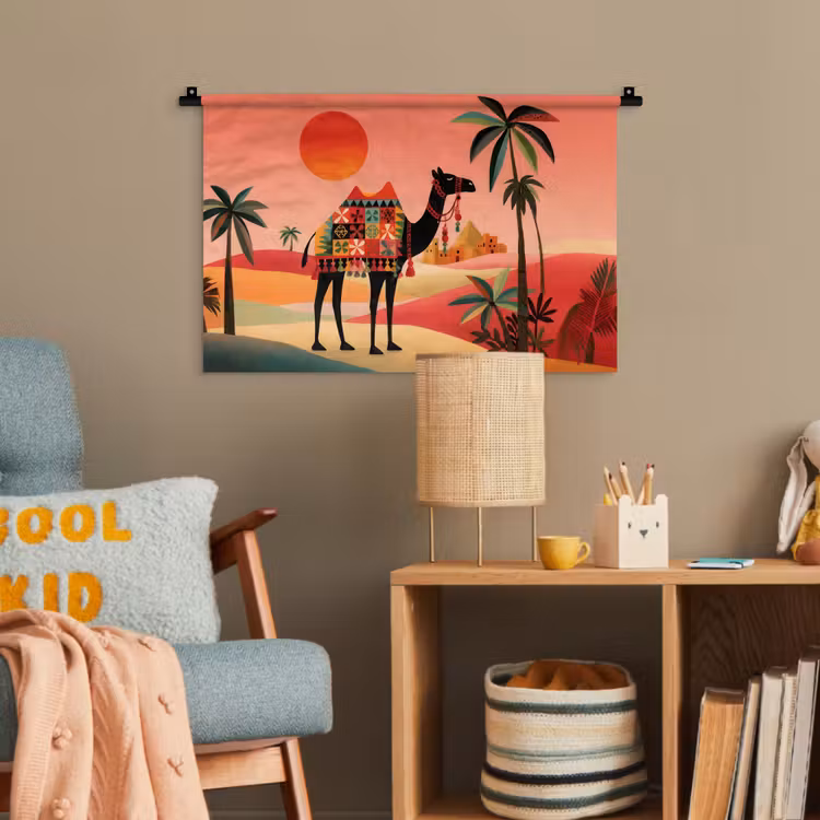 Kameel - Gekleurd tapijt - Duinen - Rode zon Wandkleed katoen klein -wsfeer4_kind