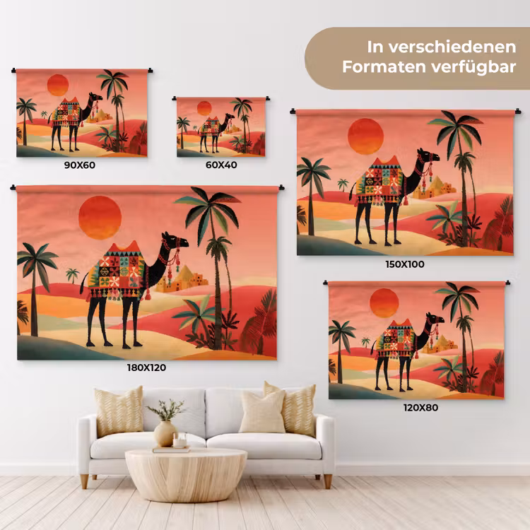 Kameel - Gekleurd tapijt - Duinen - Rode zon Wandkleed katoen klein -tsfeer8_DE