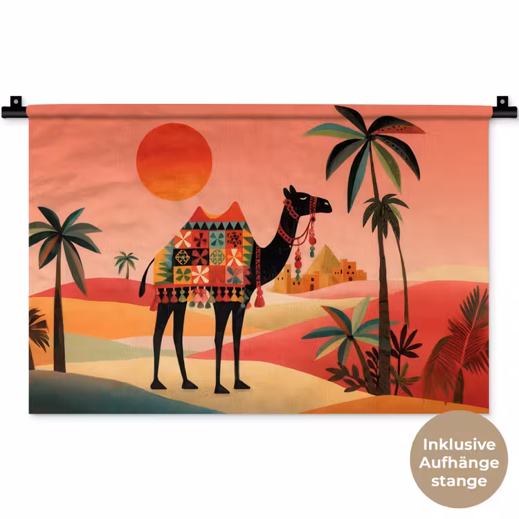 Kameel - Gekleurd tapijt - Duinen - Rode zon Wandkleed katoen klein -t3d_DE