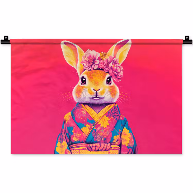 Konijn - Bloemen - Kleurrijk - Kimono Wandkleed katoen klein -zz3d