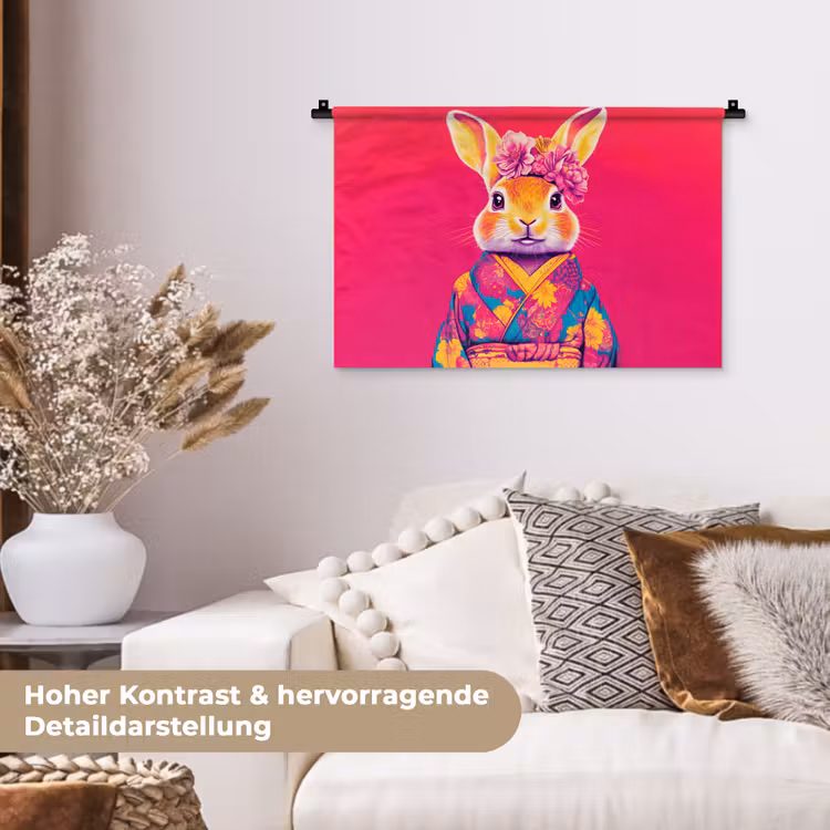 Konijn - Bloemen - Kleurrijk - Kimono Wandkleed katoen klein -tsfeer1_DE