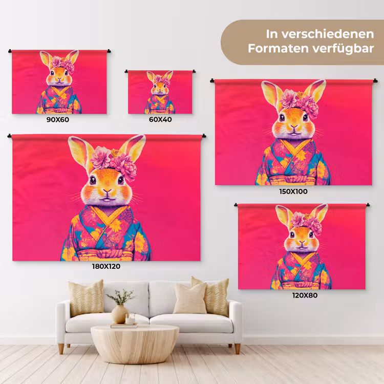 Konijn - Bloemen - Kleurrijk - Kimono Wandkleed katoen klein -tsfeer8_DE