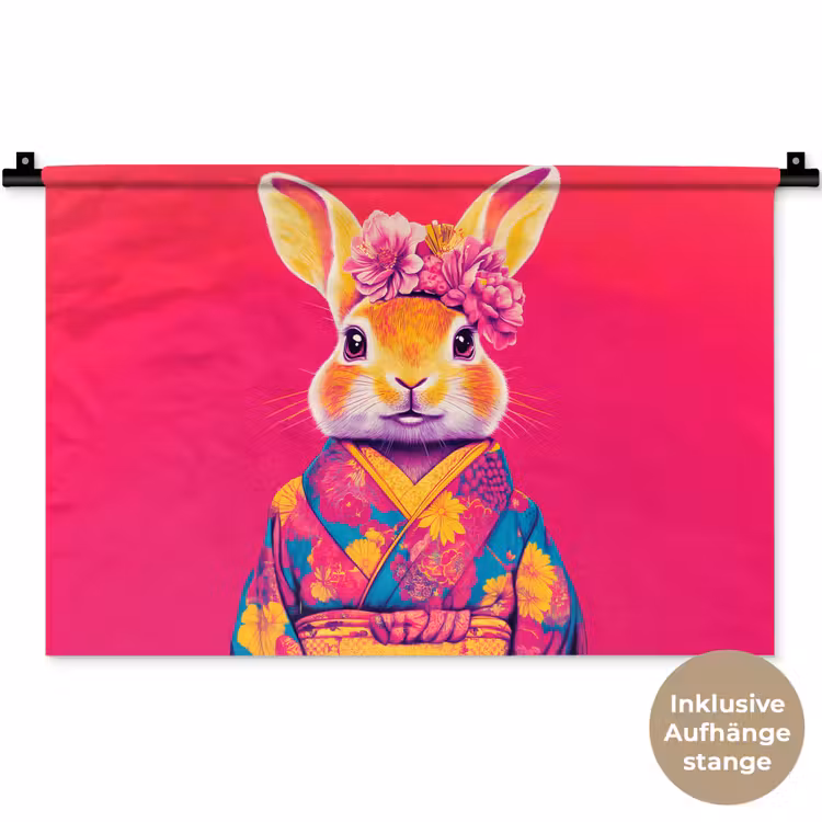 Konijn - Bloemen - Kleurrijk - Kimono Wandkleed katoen klein -t3d_DE