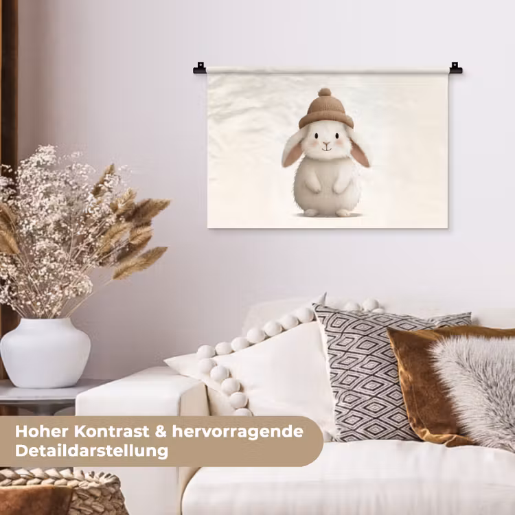 Konijn - Muts - Oren - Beige Wandkleed katoen klein -tsfeer1_DE