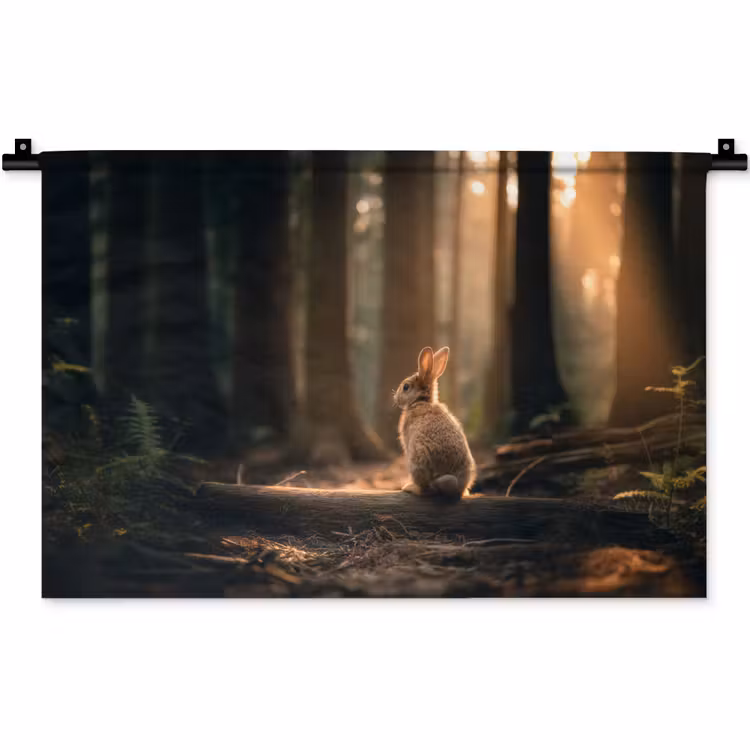 Konijn - Bos - Zonnestralen Wandkleed katoen klein -zz3d