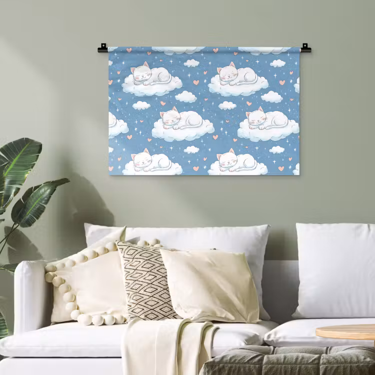 Kitten - Wolken - Blauw Wandkleed katoen klein 269 -sfeer7