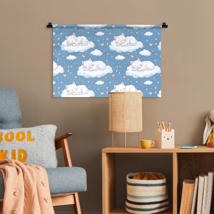 Kitten - Wolken - Blauw Wandkleed katoen klein 269 -wsfeer4_kind