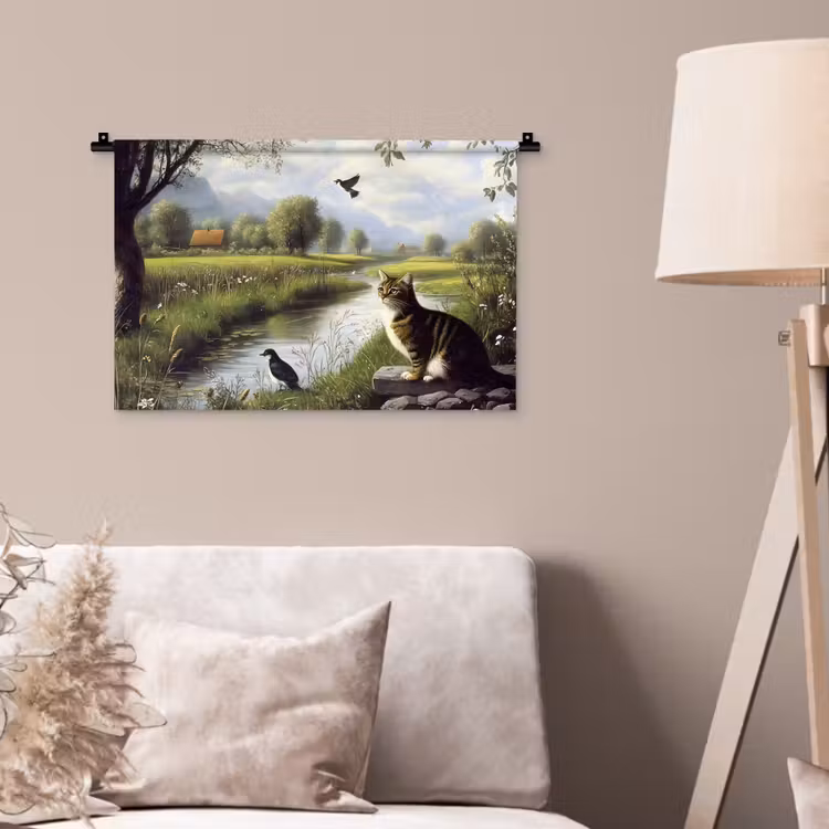 Kat - Beekje - Weide Wandkleed katoen klein -sfeer4