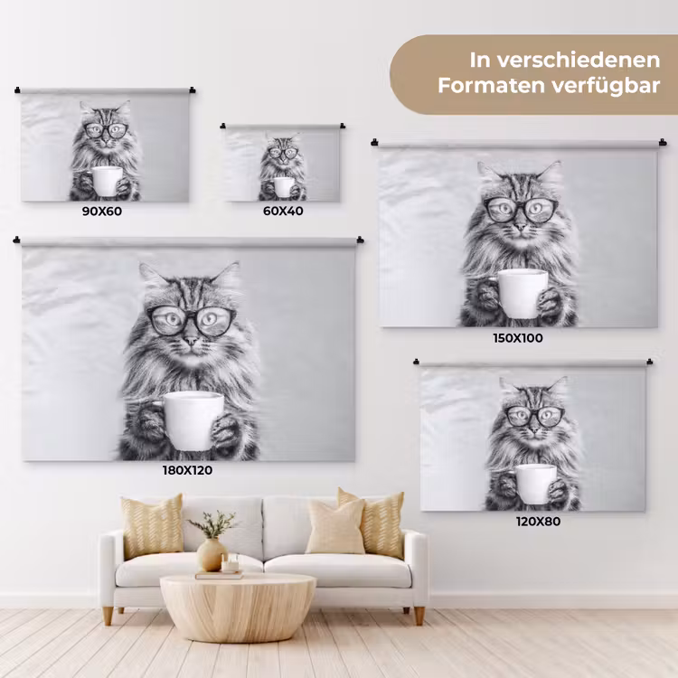 Kat - Bril - Mok - Pluizig Wandkleed katoen klein -tsfeer8_DE
