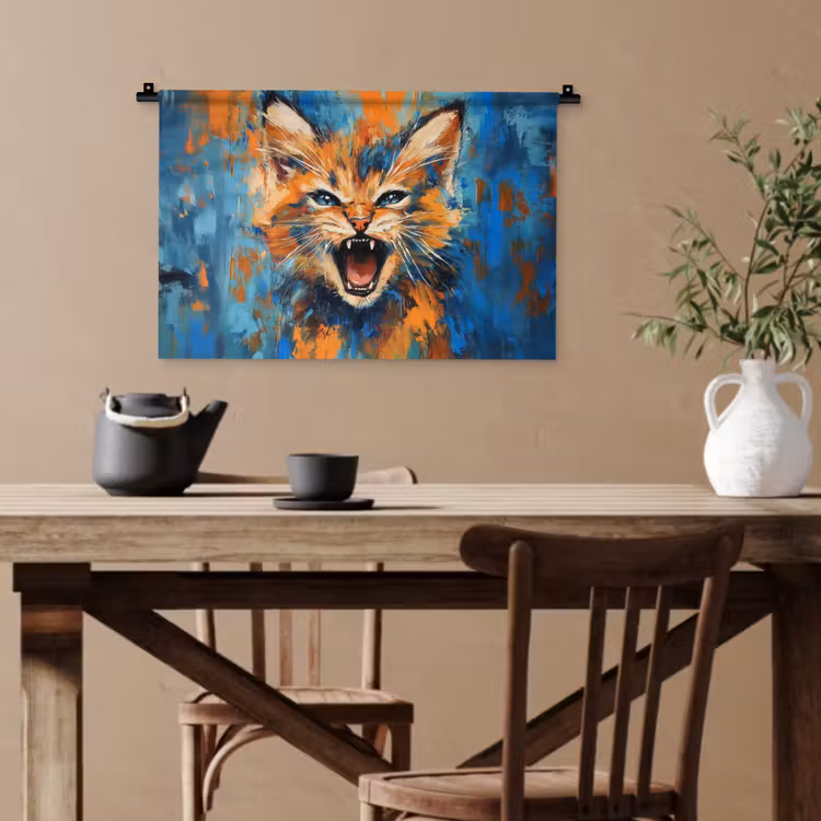 Kat - Kleurrijk - Oranje - Blauw Wandkleed katoen klein -sfeer6