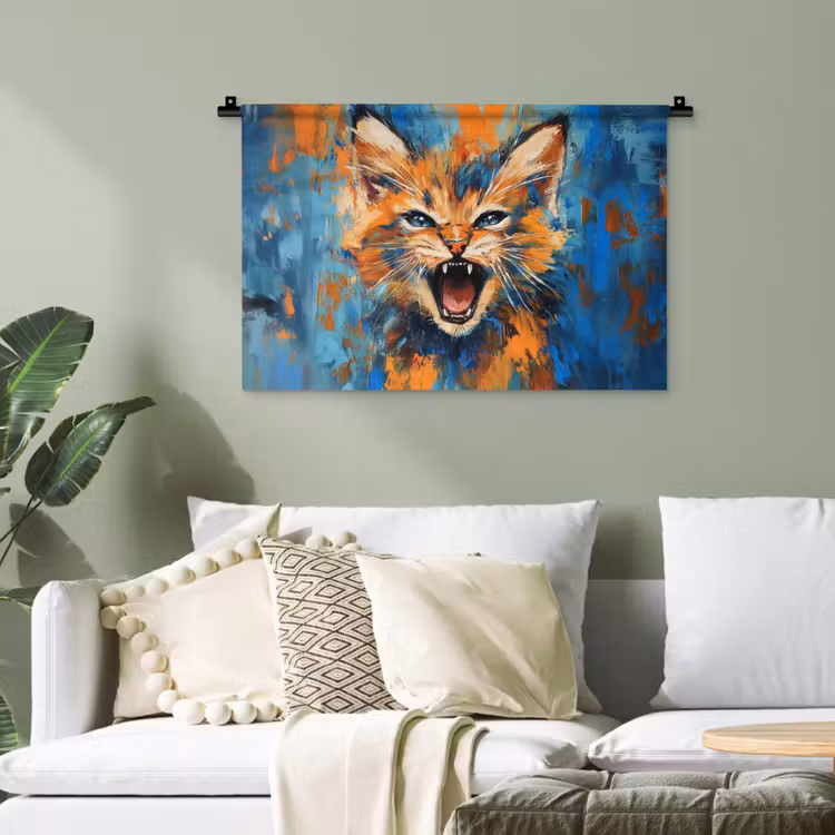Kat - Kleurrijk - Oranje - Blauw Wandkleed katoen klein -sfeer7