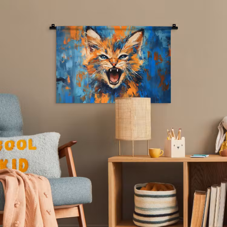 Kat - Kleurrijk - Oranje - Blauw Wandkleed katoen klein -wsfeer4_kind