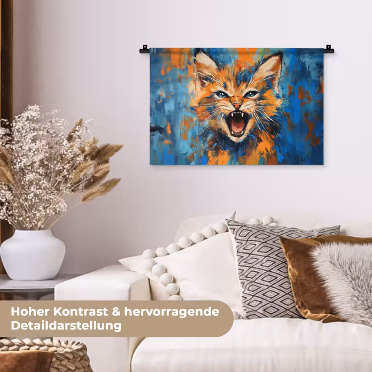 Kat - Kleurrijk - Oranje - Blauw Wandkleed katoen klein -tsfeer1_DE