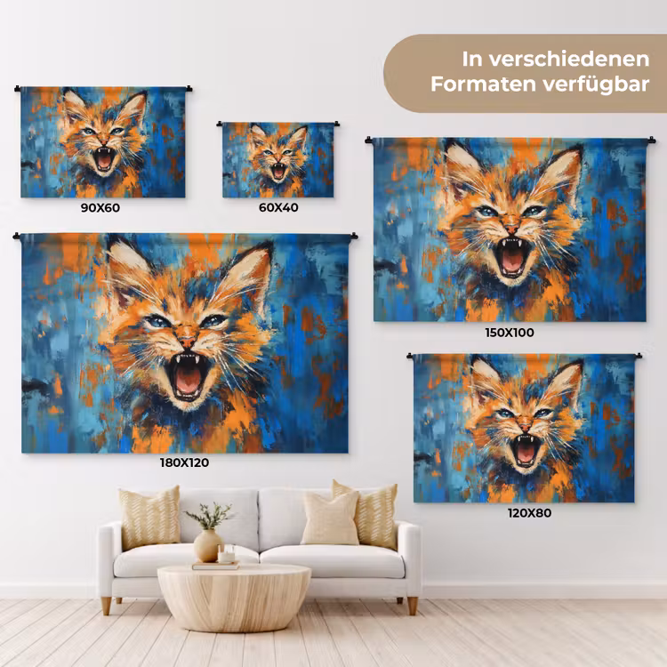 Kat - Kleurrijk - Oranje - Blauw Wandkleed katoen klein -tsfeer8_DE