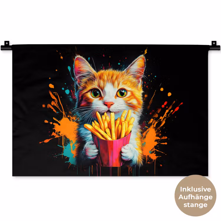 Kat - Eten - Patat - Graffiti - Abstract Wandkleed katoen klein -t3d_DE