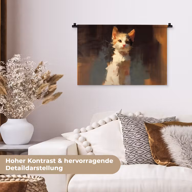 Kat - Geschilderd - Artistiek - Wit Wandkleed katoen klein -tsfeer1_DE