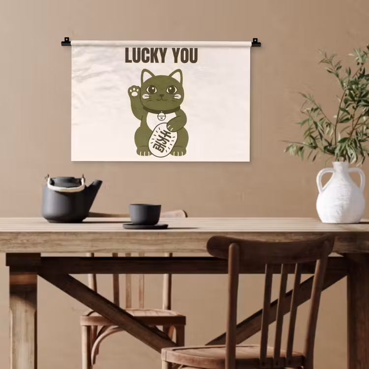 Kat - Geluk - Dieren - Modern - Groen Wandkleed katoen klein -sfeer6