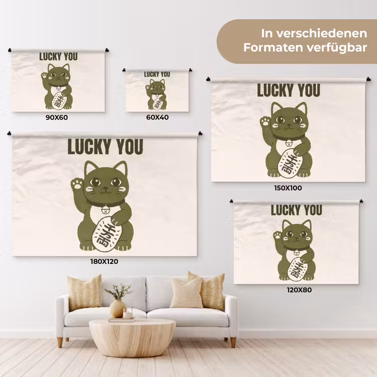 Kat - Geluk - Dieren - Modern - Groen Wandkleed katoen klein -tsfeer8_DE