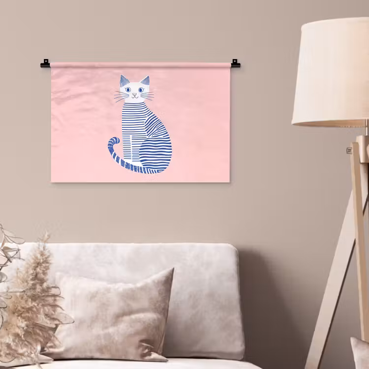 Kat - Illustratie - Minimalistisch - Roze Wandkleed katoen klein -sfeer4