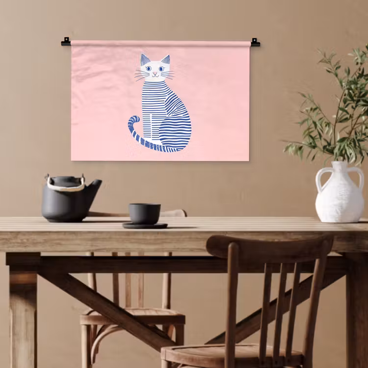 Kat - Illustratie - Minimalistisch - Roze Wandkleed katoen klein -sfeer6