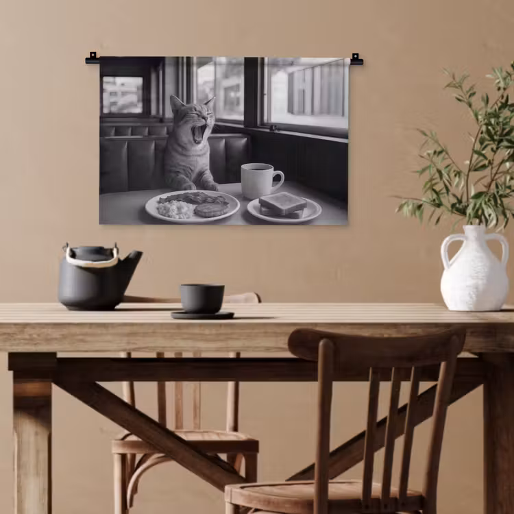 Kat - Koffie - Brood - Zwart Wandkleed katoen klein -sfeer6