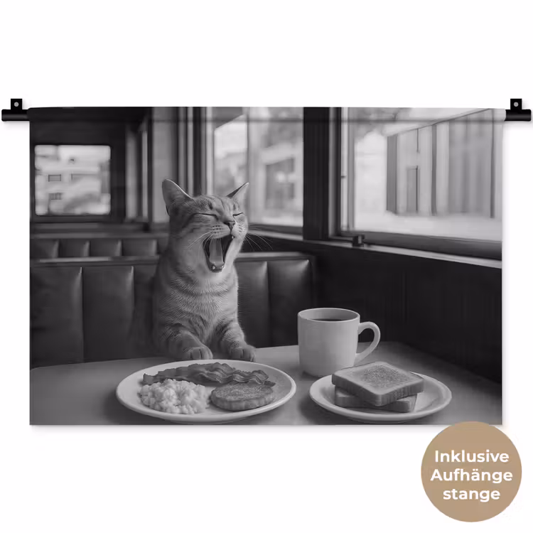 Kat - Koffie - Brood - Zwart Wandkleed katoen klein -t3d_DE
