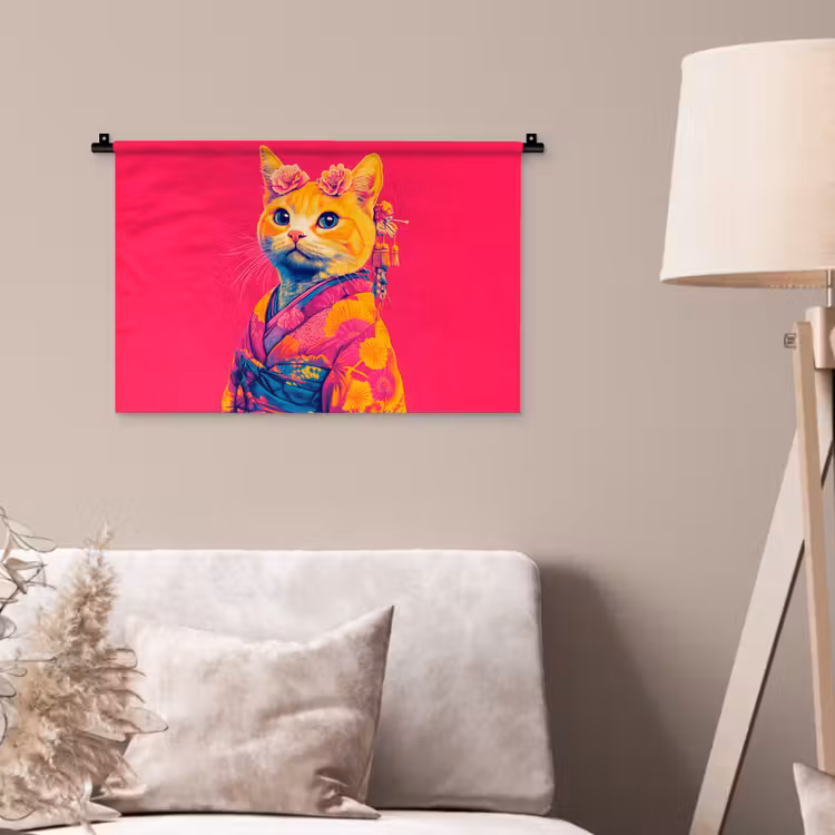 Kat - Kimono - Bloemen - Roze Wandkleed katoen klein -sfeer4